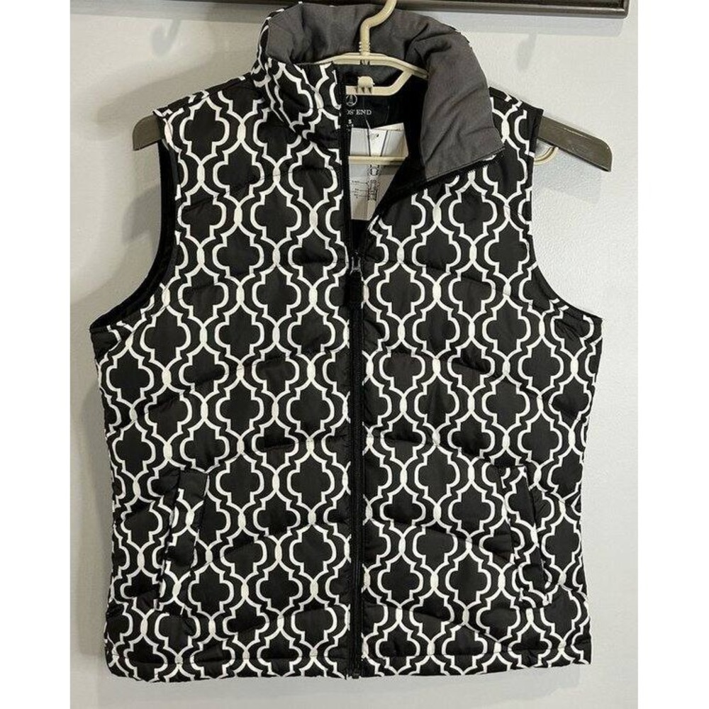 Lands End Womens Black White Print Full Zip Vest Down Fill New S 6 8